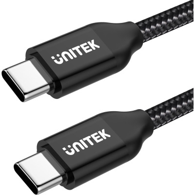 Czarny kabel Unitek USB-C o długości 2m z logo marki na wtyczkach, prezentujący dwa złącza typu C w oplocie z wytrzymałego materiału na białym tle.