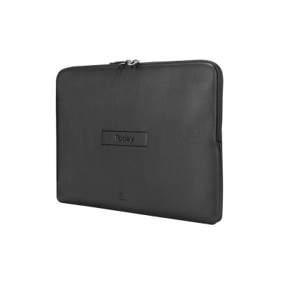 Czarne etui Tucano Today do MacBooka Pro 14 z widocznym na środku wytłoczonym napisem Today oraz srebrnymi suwakami zamka błyskawicznego u góry.