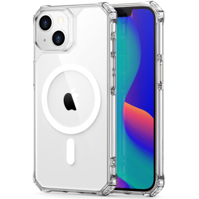 Przeźroczyste etui ESR Air Armor z MagSafe do iPhone 13 i 14, ukazujące wzmocnione narożniki, wyspę aparatów oraz magnetyczny pierścień na pleckach.
