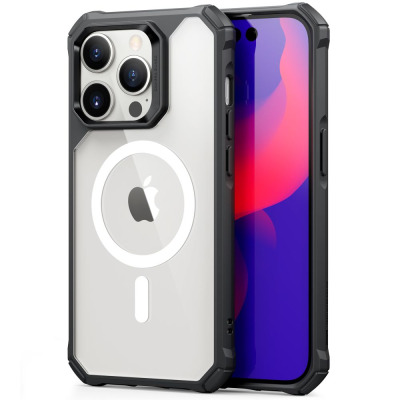 Etui ESR Air Armor do iPhone 14 Pro z czarną ramką i przezroczystymi pleckami z pierścieniem MagSafe, widok na tył urządzenia z wyspą aparatów i ekran.