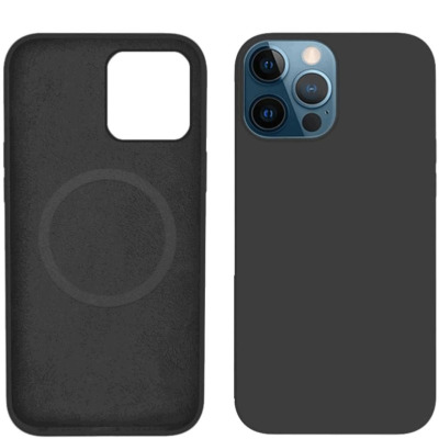 Czarne etui silikonowe eSTUFF do iPhone 12 Pro Max z widocznym od wewnątrz pierścieniem magnetycznym MagSafe oraz wycięciem na wyspę aparatów z tyłu.