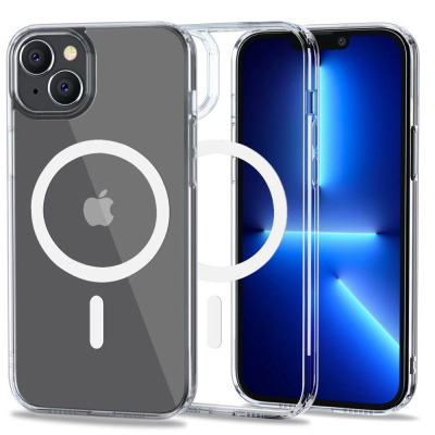 Przeźroczyste etui TECH-PROTECT Flexair Hybrid do iPhone 14 z widocznym pierścieniem MagSafe, prezentowane w widoku na plecki oraz profil urządzenia.