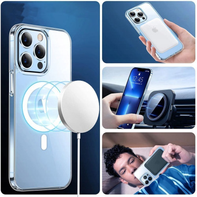Przeźroczyste etui TECH-PROTECT Flexair Hybrid do iPhone 14 z MagSafe, prezentujące magnetyczne ładowanie, montaż w aucie oraz korzystanie z portfela.
