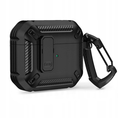 Czarne etui Tech-Protect X-Carbo do AirPods Pro 1. generacji z karbonowym wzorem, zamknięciem typu open oraz dołączonym karabińczykiem na białym tle.