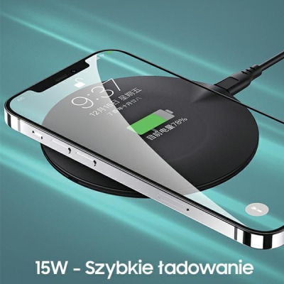 Ładowarka indukcyjna Usams US-CD149 ładująca iPhone'a z widocznym na ekranie wskaźnikiem naładowania 78% oraz napisem 15W - Szybkie ładowanie na dole.