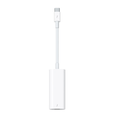 Biała przejściówka Thunderbolt 3 USB-C na Thunderbolt 2 marki Apple z krótkim przewodem, widocznym symbolem błyskawicy na wtyczce oraz gnieździe urządzenia.
