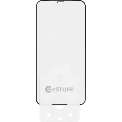 Szkło hartowane eSTUFF full do iPhone 12 mini z czarną ramką, widoczne na białym podkładzie montażowym z logo marki i strzałką wskazującą kierunek aplikacji.