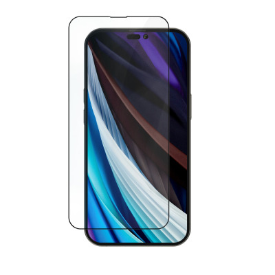 Przezroczyste szkło hartowane JCPAL nałożone na ekran smartfona iPhone 14 Pro, ukazujące precyzyjne dopasowanie do wyświetlacza oraz wycięcie na aparat.
