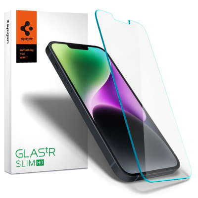 Szkło hartowane Spigen GlasTR Slim do iPhone 13, 13 Pro i 14 obok opakowania z logo marki i napisem Something You Want, widok na akcesorium pod kątem.