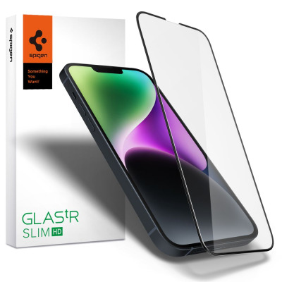 Szkło hartowane Spigen Glas.tR Slim HD do iPhone 13, 13 Pro i 14 obok opakowania produktu z logo marki oraz hasłem Something You Want na białym tle.
