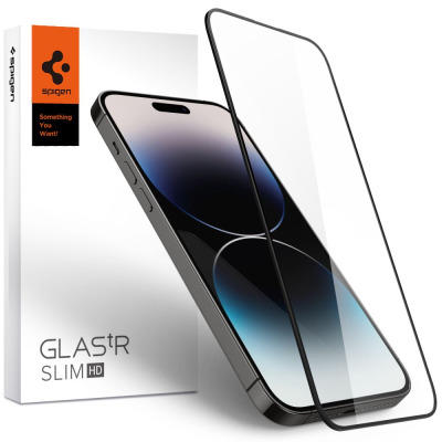Szkło hartowane Spigen Glas.tR Slim HD do iPhone 14 Pro z czarną ramką, ukazane obok opakowania produktu z logotypem marki i napisem Something You Want.
