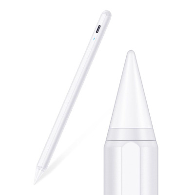 Biały rysik ESR Digital+ Magnetic Stylus Pen do iPada z widocznym portem ładowania, niebieską diodą oraz zbliżeniem na precyzyjną końcówkę akcesorium.