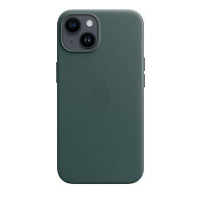 Skórzane etui Apple w kolorze leśnej zieleni do iPhone 14, widok na tylny panel z wytłoczonym logo producenta oraz wycięciem na wyspę aparatów.