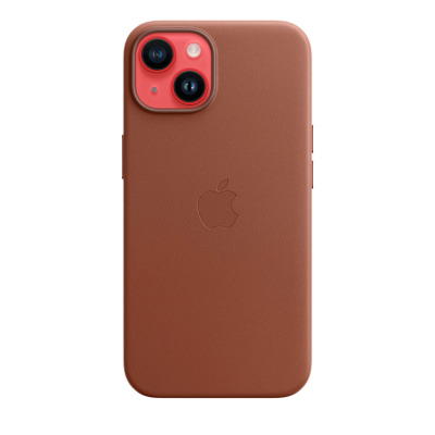 Skórzane etui Apple Leather Case w kolorze umbra do iPhone 14, widok na tył urządzenia z charakterystyczną wyspą aparatów i wytłoczonym logo producenta.