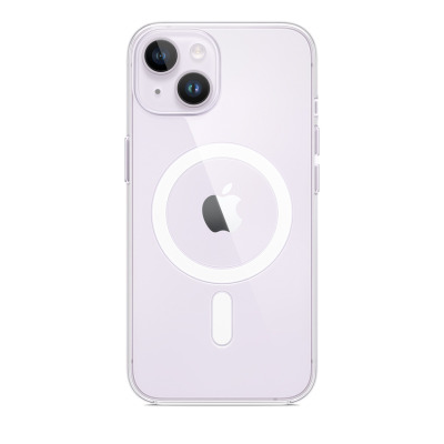 Przezroczyste etui Apple z MagSafe do iPhone 14 w kolorze liliowym, widok na tylny panel z charakterystycznym okręgiem ładowania i wyspą aparatów.