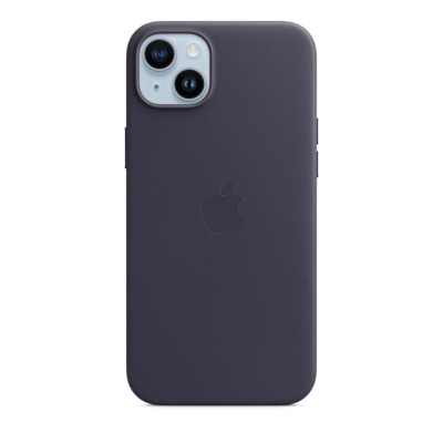Atramentowe skórzane etui Apple Leather Case do iPhone 14 Plus z widoczną wyspą aparatów oraz wytłoczonym logo Apple na środku tylnej części obudowy.