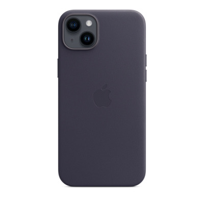 Atramentowe skórzane etui Apple Leather Case do iPhone 14 Plus z widocznym logo Apple na środku oraz wycięciem na wyspę aparatów z dwoma obiektywami.