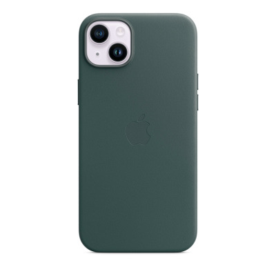 Skórzane etui Apple w kolorze leśnej zieleni do iPhone 14 Plus z wytłoczonym logo producenta na środku oraz wycięciem na tylny podwójny aparat fotograficzny.