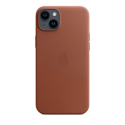 Skórzane etui Apple w kolorze umbra do iPhone 14 Plus, widok na tył urządzenia z wyeksponowaną wyspą aparatów oraz wytłoczonym logo Apple na środku.