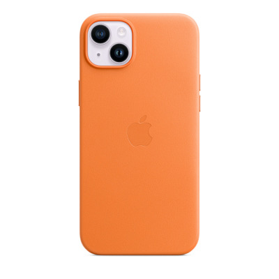 Pomarańczowe etui Apple Leather Case do iPhone 14 Plus z wycięciem na podwójny aparat, widoczne od strony plecków z wytłoczonym logo Apple na środku.
