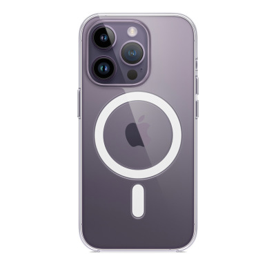 Przezroczyste etui Apple z MagSafe na fioletowym iPhone 14 Pro, ukazujące wyspę aparatów, logo Apple oraz charakterystyczny okrągły pierścień magnetyczny.