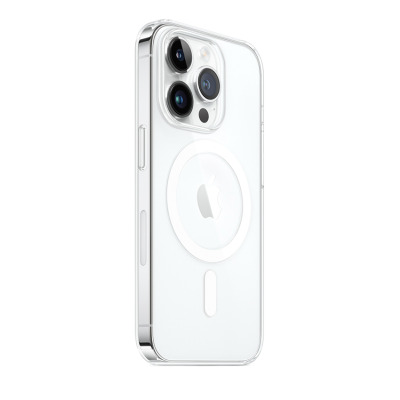 Przezroczyste etui Apple z MagSafe do iPhone 14 Pro, ukazujące tylny panel urządzenia z charakterystyczną wyspą aparatów oraz magnetycznym pierścieniem.
