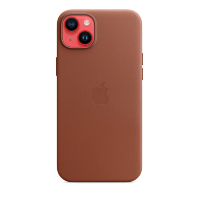 Skórzane etui Apple Leather Case w kolorze umbra do iPhone 14 Plus, widok na tył urządzenia z wyeksponowaną wyspą aparatów oraz wytłoczonym logo Apple.