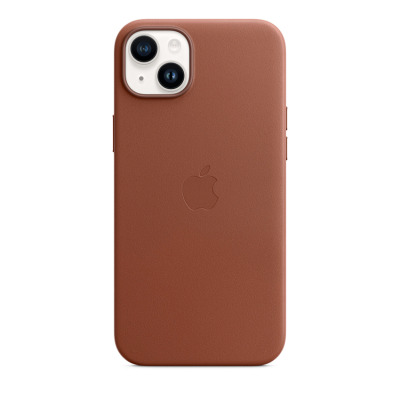 Skórzane etui Apple Leather Case w kolorze umbra do iPhone 14 Plus, widok na tył urządzenia z wyeksponowaną wyspą aparatów oraz wytłoczonym logo Apple.