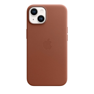 Skórzane etui Apple Leather Case w kolorze umbra do iPhone 14, widok na tylny panel z wycięciem na podwójny aparat oraz wytłoczonym logo producenta.