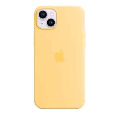 Bladożółte etui silikonowe Apple z MagSafe do iPhone 14 Plus, widok na tył urządzenia z charakterystyczną wyspą aparatów i centralnie umieszczonym logo.