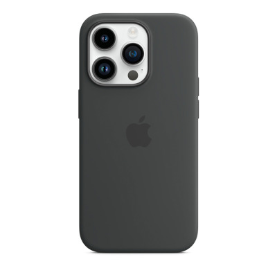 Ciemnoszare silikonowe etui Apple z MagSafe do iPhone 14 Pro, widok na plecki z charakterystyczną wyspą aparatów oraz centralnie umieszczonym logo Apple.