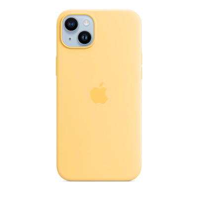 Bladożółte etui silikonowe Apple z MagSafe do iPhone 14 Plus, widok na tylną część obudowy z charakterystyczną wyspą aparatów i logo Apple na środku.