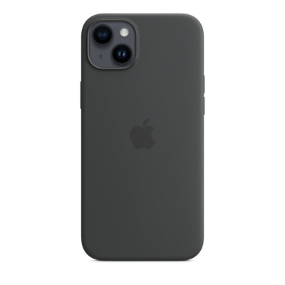 Ciemnoszare etui silikonowe Apple do iPhone 14 Plus z MagSafe, widok na plecki z charakterystyczną wyspą aparatów oraz centralnie umieszczonym logo Apple.