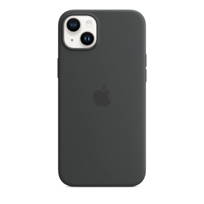 Ciemnoszare etui silikonowe Apple z MagSafe do iPhone 14 Plus, widok na tylny panel z charakterystyczną wyspą aparatów oraz logo Apple na środku obudowy.
