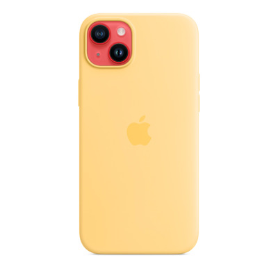 Bladożółte etui silikonowe Apple z MagSafe do iPhone 14 Plus, widok na tył urządzenia z charakterystyczną wyspą aparatów i centralnie umieszczonym logo.