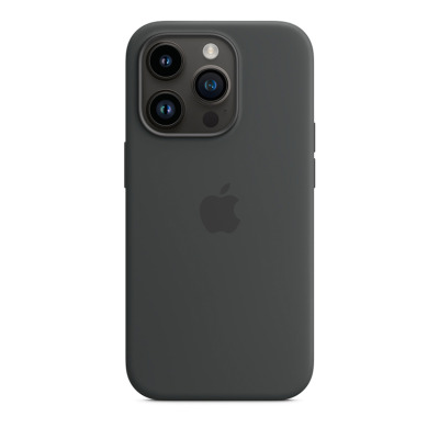 Ciemnoszare etui silikonowe Apple do iPhone 14 Pro Max z logo producenta na środku, widoczna potrójna wyspa aparatów z lampą błyskową na tylnym panelu.