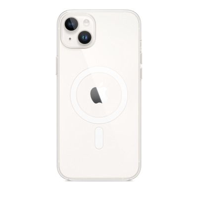 Przezroczyste etui Apple z MagSafe do iPhone 14 Plus, widok z tyłu. Ukazuje charakterystyczny biały pierścień magnetyczny oraz logo Apple na środku obudowy.