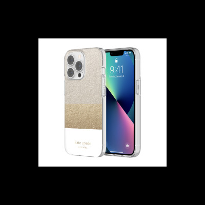 Etui Kate Spade New York Hardshell do iPhone 13 Pro z potrójnym aparatem, ozdobione złotym brokatem w trzech odcieniach i napisem Kate Spade New York.
