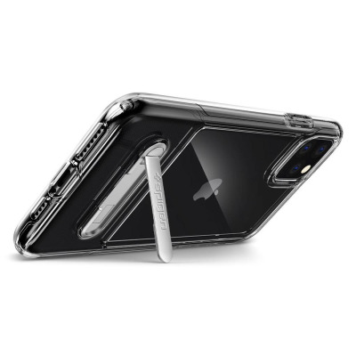 Bezbarwne etui Spigen Slim Armor Essential do iPhone 11 Pro z widoczną wyspą aparatów, logo Apple na obudowie oraz rozkładaną podpórką z napisem Spigen.