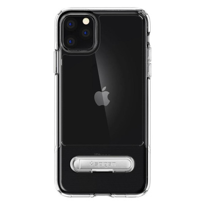 Bezbarwne etui Spigen Slim Armor Essential do iPhone 11 Pro z widoczną wyspą aparatów, logo Apple na obudowie oraz rozkładaną podpórką z napisem Spigen.
