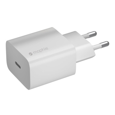 Biała ładowarka sieciowa Mophie 20W USB-C PD z wtyczką typu europejskiego, widoczna z profilu z wyeksponowanym portem USB-C na przednim panelu obudowy.