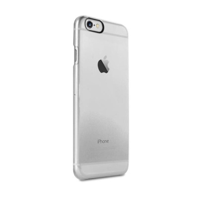 Przeźroczyste etui Puro Crystal Cover na iPhone 6 Plus, ukazujące srebrną obudowę telefonu z widocznym logo Apple oraz wyspą aparatu w lewym górnym rogu.