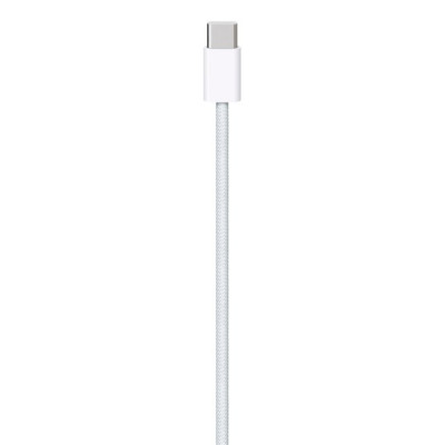Biały przewód Apple USB-C o długości 1 metra z wytrzymałym tkanym oplotem, zakończony wtyczką USB-C widoczną w zbliżeniu na jasnym tle.