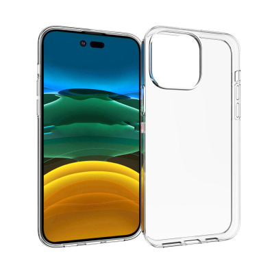 Przeźroczyste etui eSTUFF Ultra Slim do iPhone 14 Pro Max obok smartfona z widocznym ekranem, wycięciem na wyspę aparatów oraz przyciskami na krawędziach.