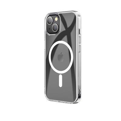 Przeźroczyste etui eSTUFF Magnetic Hybrid do iPhone 13 i 14 z widocznym pierścieniem MagSafe, prezentujące telefon z aktywnym ekranem ładowania 75%.