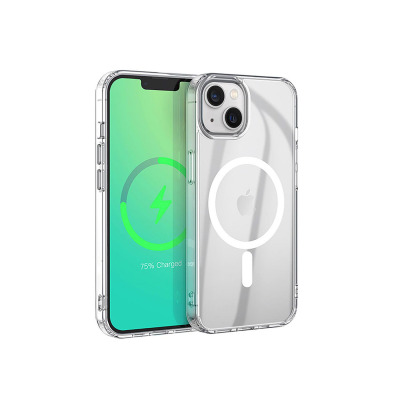 Przeźroczyste etui eSTUFF Magnetic Hybrid do iPhone 13 i 14 z widocznym pierścieniem MagSafe, prezentujące telefon z aktywnym ekranem ładowania 75%.