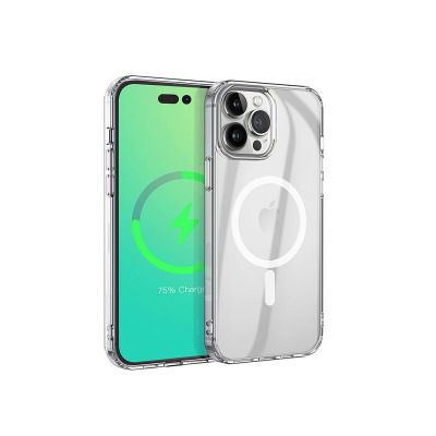 Przeźroczyste etui eSTUFF Magnetic Hybrid do iPhone 14 Pro z widocznym pierścieniem MagSafe na pleckach oraz ekranem telefonu wyświetlającym 75% ładowania.