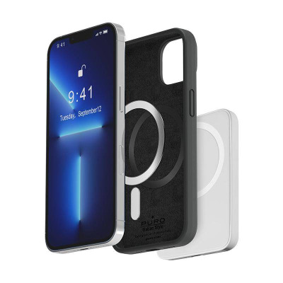 Czarny pokrowiec PURO ICON Mag Cover do iPhone 14 Pro Max z widocznym pierścieniem magnetycznym oraz smartfon Apple z ekranem wyświetlającym datę.
