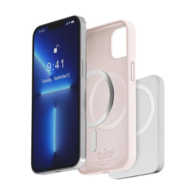 Etui PURO ICON Mag Cover w kolorze piaskowego różu do iPhone 14 Pro obok smartfona z włączonym ekranem, ukazujące magnetyczny pierścień i logo producenta.
