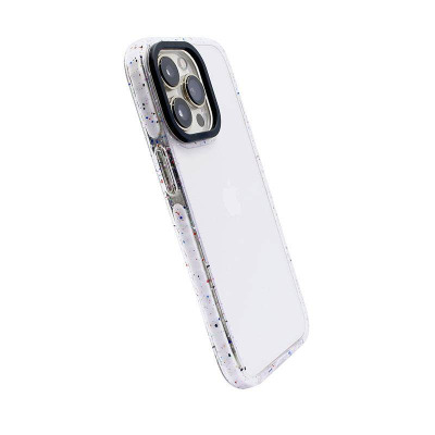 Przeźroczyste etui PURO Re-Cover do iPhone 14 Pro Max z kolorowymi drobinkami w opakowaniu z logotypem marki oraz ikonami informującymi o recyklingu.